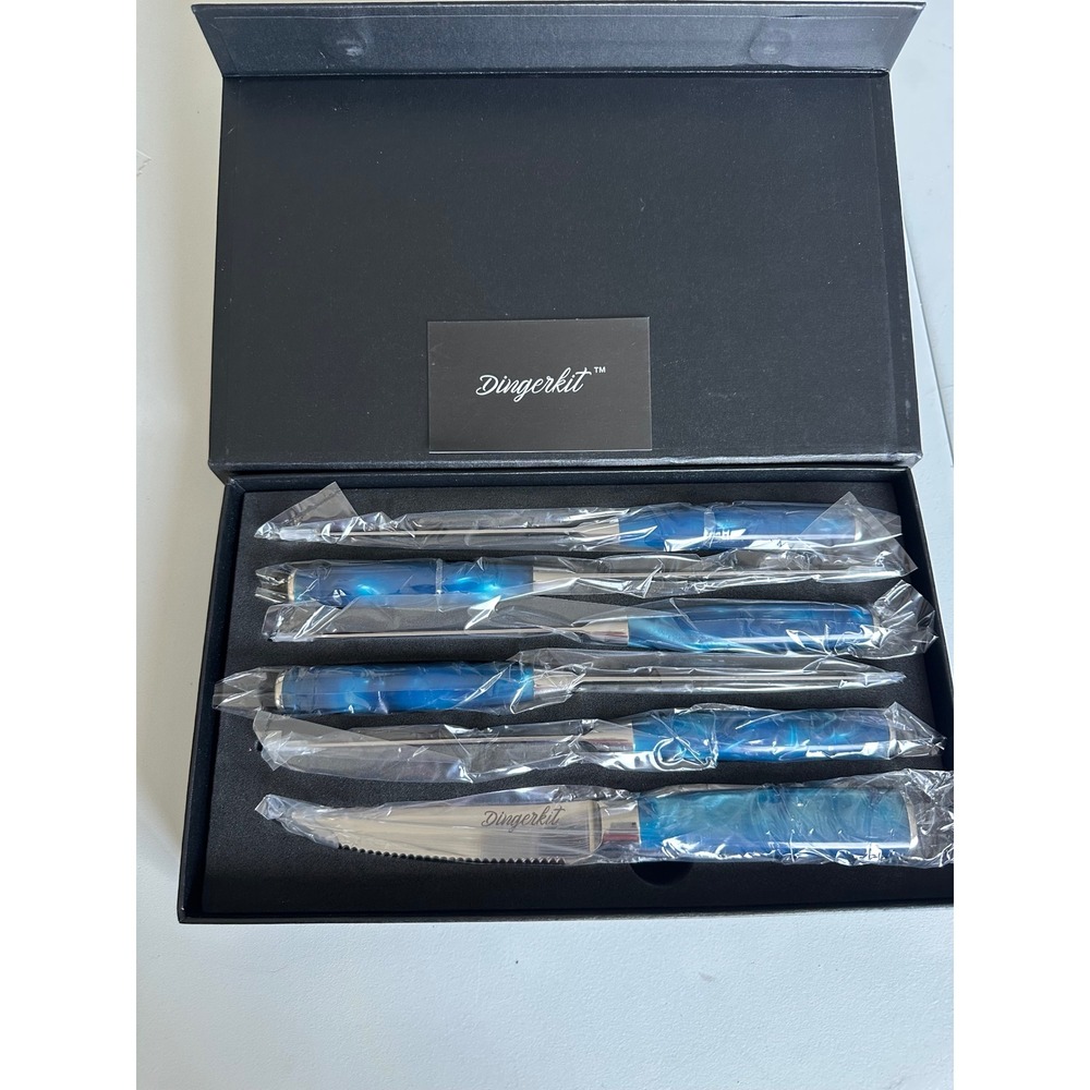 Dingerkit 6 Piece Steak Knife Set Blue Resin Handle Damascus Pattern Stainless